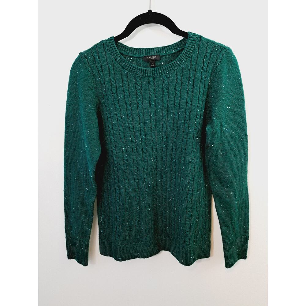 Talbots Women’s Cable Knit Sweater 100% Cotton Speckled Green Small Petite